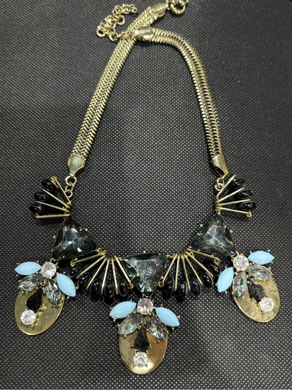Statement Floral Bib Necklace - Gold with Black and Light Blue Stones